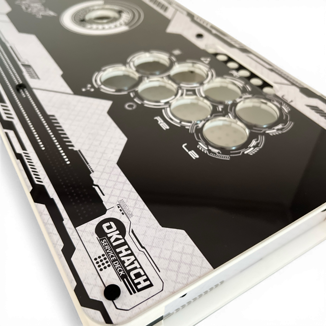 Close-up of OKI Hatch monochrome artwork and button layout.