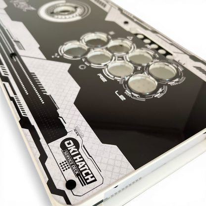 Close-up of OKI Hatch monochrome artwork and button layout.