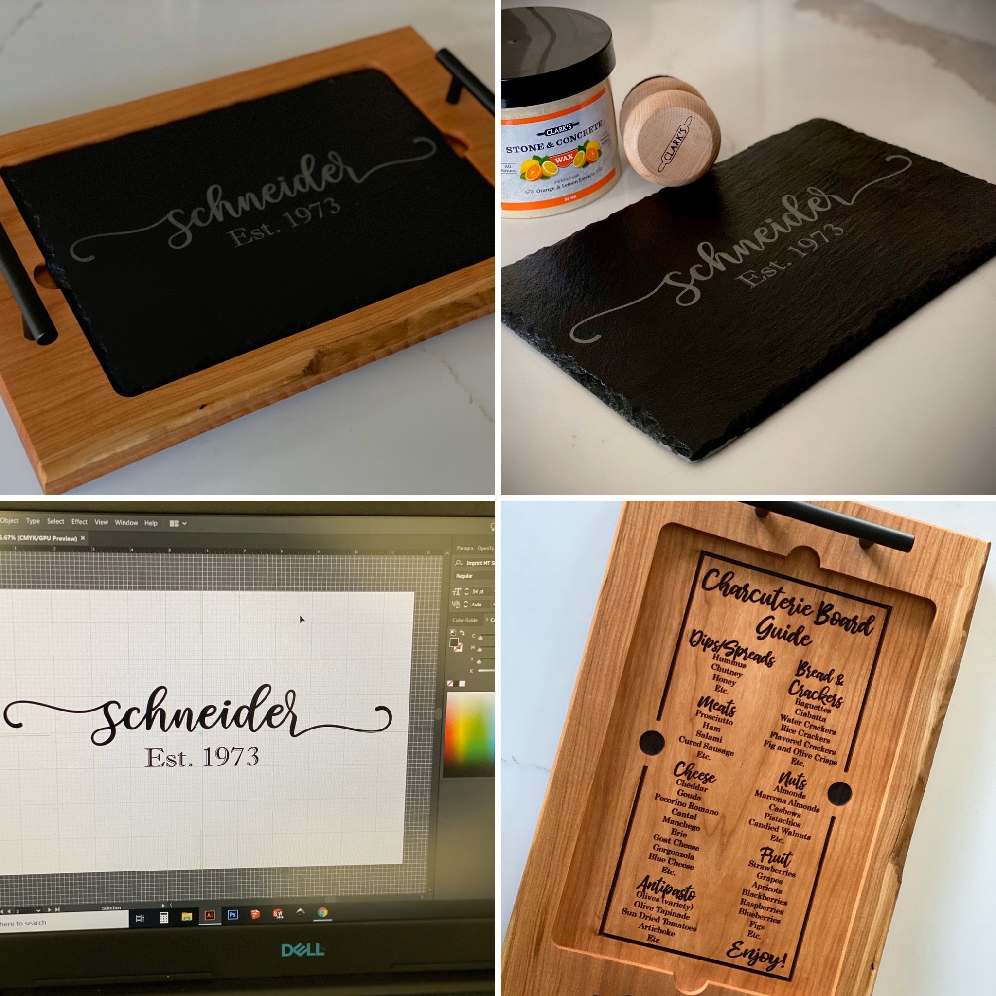 Collage showing the personalized charcuterie board and its design process
